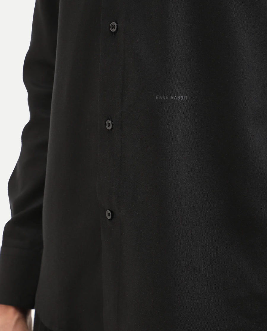 Rare Rabbit Men's Dream Black Tencel Fabric Full Sleeve Spread Collar Regular Fit Plain Shirt