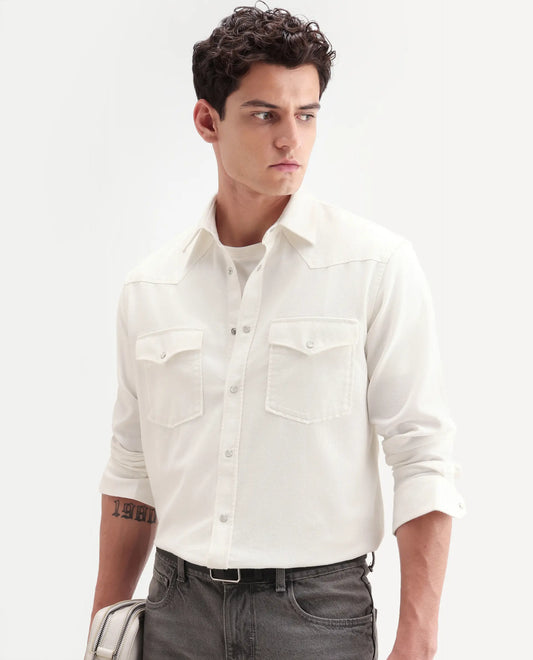 Rare Rabbit Men's Haxlr 26 Off White Cotton Blend Fabric Full Sleeve Spread Collar Snap Button Regular Fit Plain Shirt