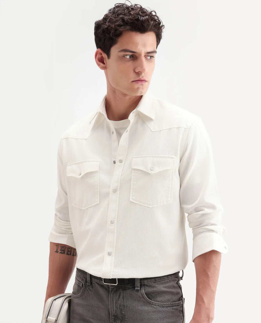 Rare Rabbit Men's Haxlr 26 Off White Cotton Blend Fabric Full Sleeve Spread Collar Snap Button Regular Fit Plain Shirt