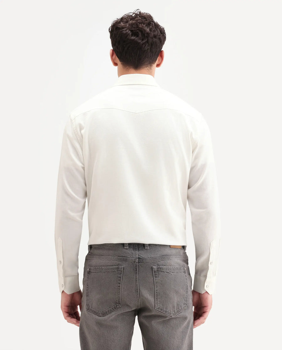Rare Rabbit Men's Haxlr 26 Off White Cotton Blend Fabric Full Sleeve Spread Collar Snap Button Regular Fit Plain Shirt