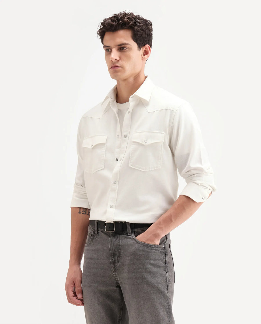 Rare Rabbit Men's Haxlr 26 Off White Cotton Blend Fabric Full Sleeve Spread Collar Snap Button Regular Fit Plain Shirt