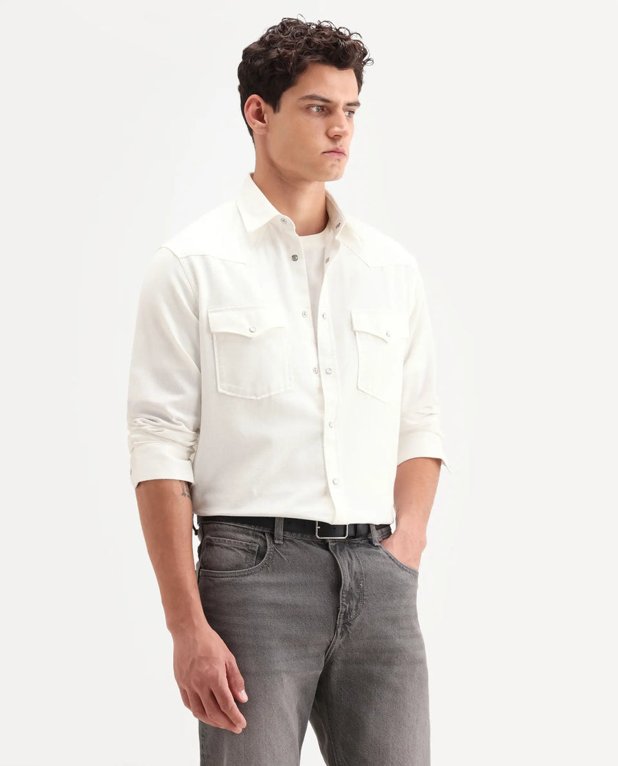 Rare Rabbit Men's Haxlr 26 Off White Cotton Blend Fabric Full Sleeve Spread Collar Snap Button Regular Fit Plain Shirt