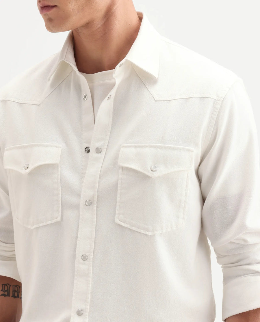 Rare Rabbit Men's Haxlr 26 Off White Cotton Blend Fabric Full Sleeve Spread Collar Snap Button Regular Fit Plain Shirt