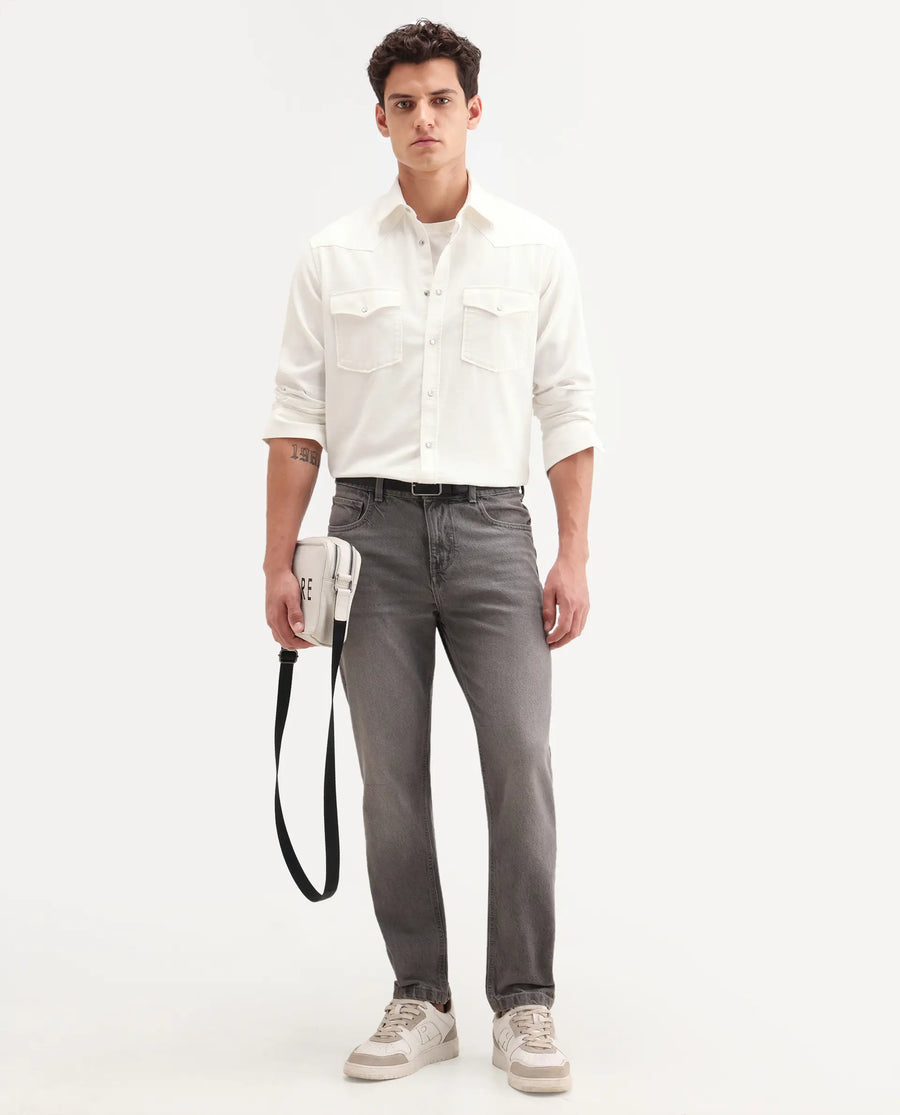 Rare Rabbit Men's Haxlr 26 Off White Cotton Blend Fabric Full Sleeve Spread Collar Snap Button Regular Fit Plain Shirt
