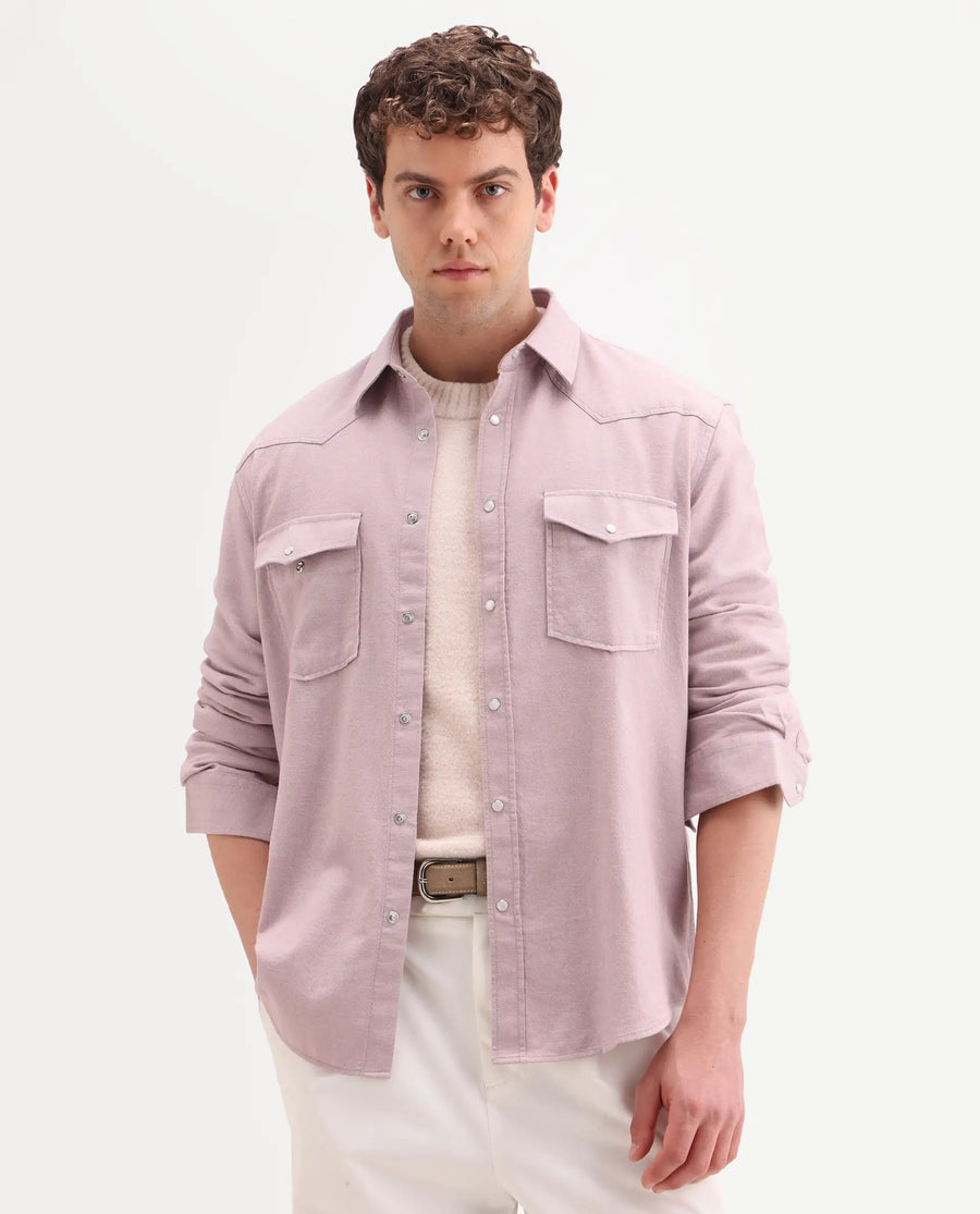 Rare Rabbit Men's Haxlr 26 Dusky Pink Cotton Blend Fabric Full Sleeve Spread Collar Snap Button Regular Fit Plain Shirt
