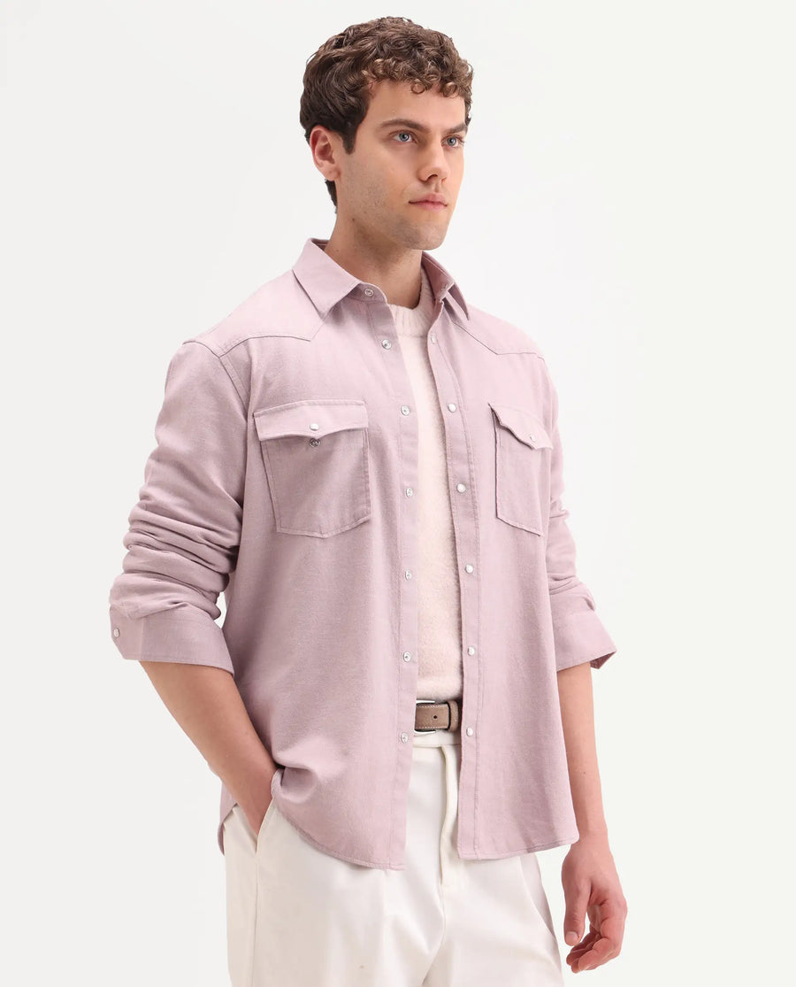 Rare Rabbit Men's Haxlr 26 Dusky Pink Cotton Blend Fabric Full Sleeve Spread Collar Snap Button Regular Fit Plain Shirt