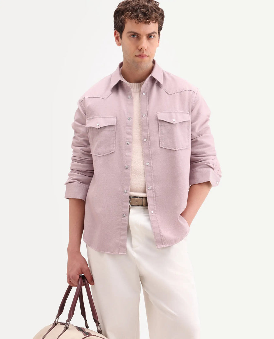 Rare Rabbit Men's Haxlr 26 Dusky Pink Cotton Blend Fabric Full Sleeve Spread Collar Snap Button Regular Fit Plain Shirt