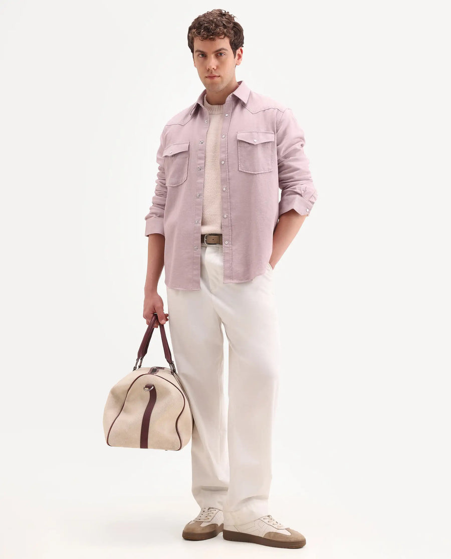 Rare Rabbit Men's Haxlr 26 Dusky Pink Cotton Blend Fabric Full Sleeve Spread Collar Snap Button Regular Fit Plain Shirt