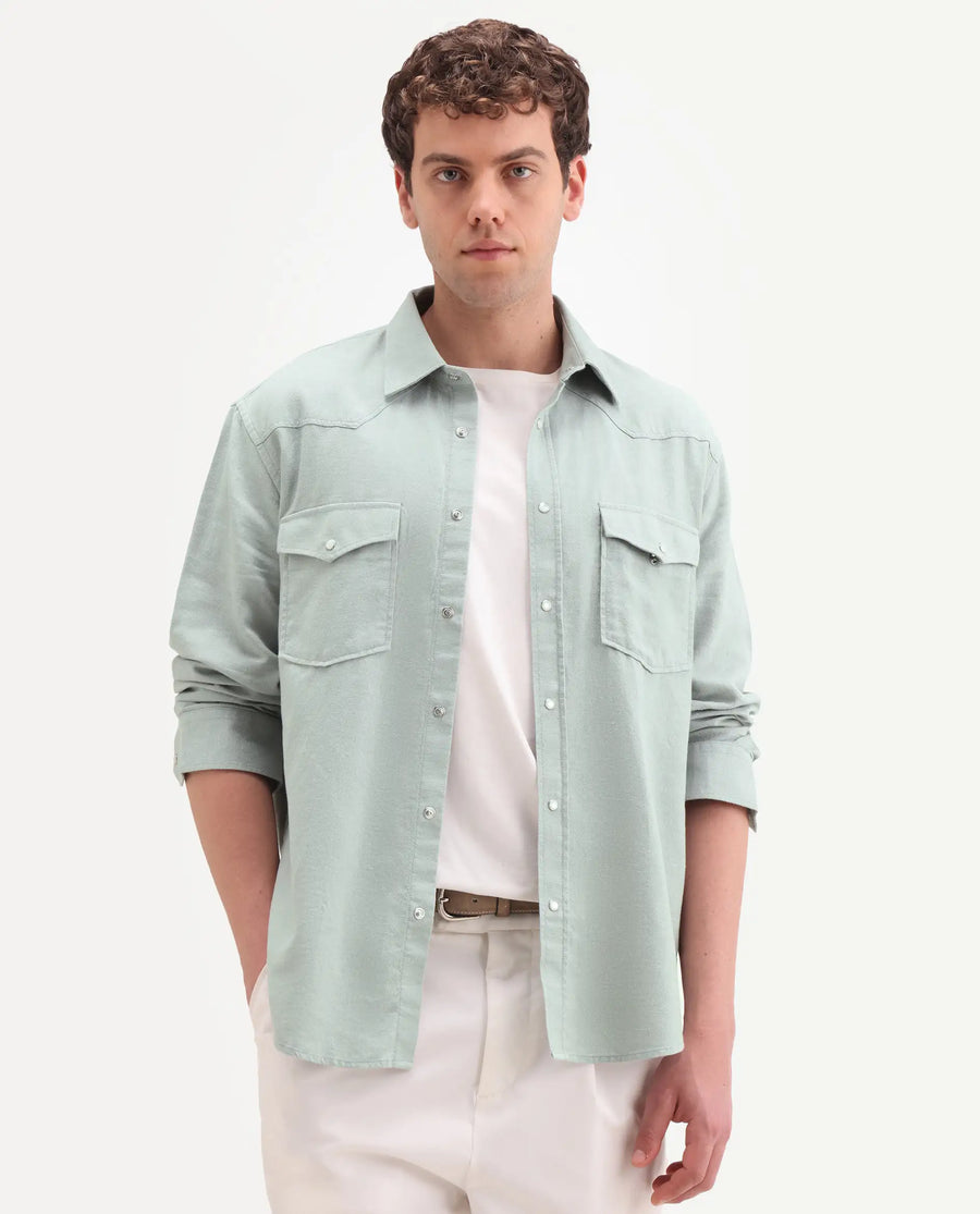 Rare Rabbit Men's Haxlr 26 Pastel Green Cotton Blend Fabric Full Sleeve Spread Collar Snap Button Regular Fit Plain Shirt