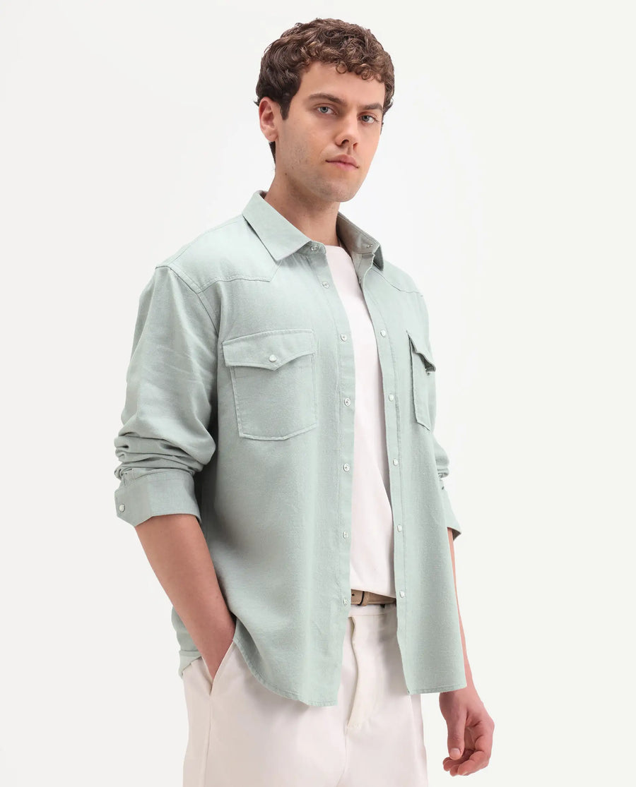Rare Rabbit Men's Haxlr 26 Pastel Green Cotton Blend Fabric Full Sleeve Spread Collar Snap Button Regular Fit Plain Shirt