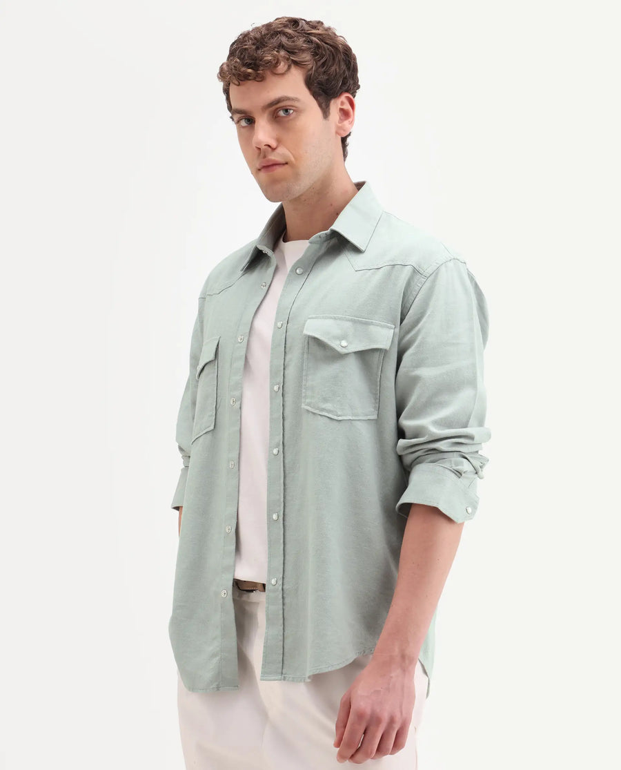 Rare Rabbit Men's Haxlr 26 Pastel Green Cotton Blend Fabric Full Sleeve Spread Collar Snap Button Regular Fit Plain Shirt