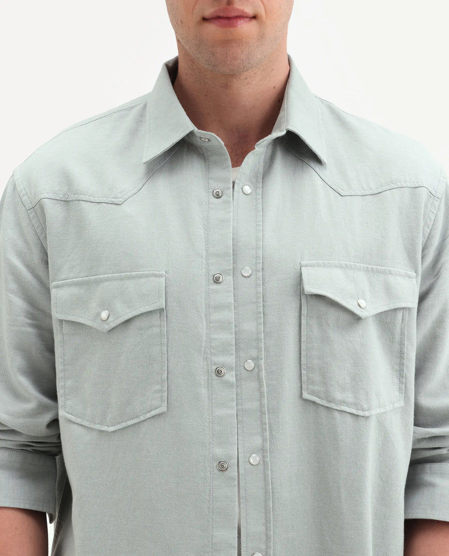 Rare Rabbit Men's Haxlr 26 Pastel Green Cotton Blend Fabric Full Sleeve Spread Collar Snap Button Regular Fit Plain Shirt