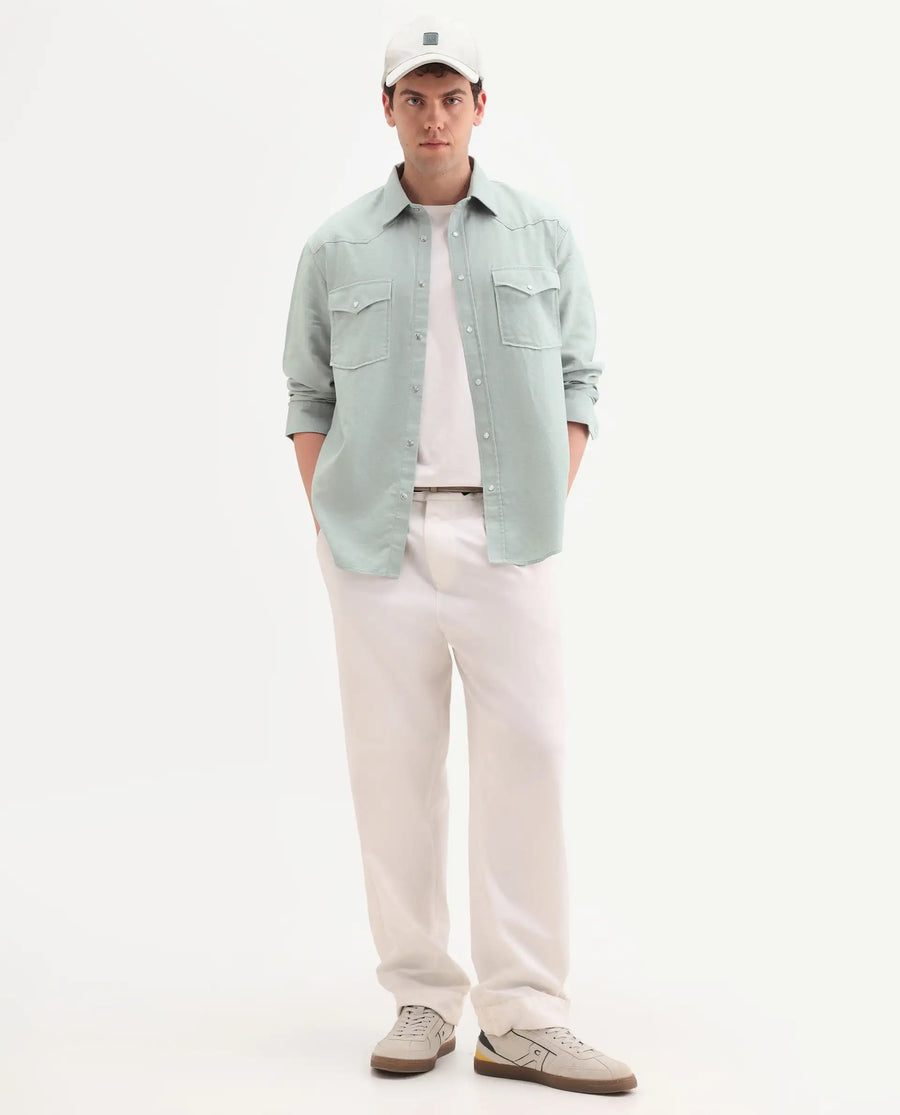 Rare Rabbit Men's Haxlr 26 Pastel Green Cotton Blend Fabric Full Sleeve Spread Collar Snap Button Regular Fit Plain Shirt