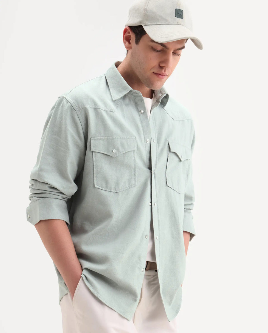 Rare Rabbit Men's Haxlr 26 Pastel Green Cotton Blend Fabric Full Sleeve Spread Collar Snap Button Regular Fit Plain Shirt