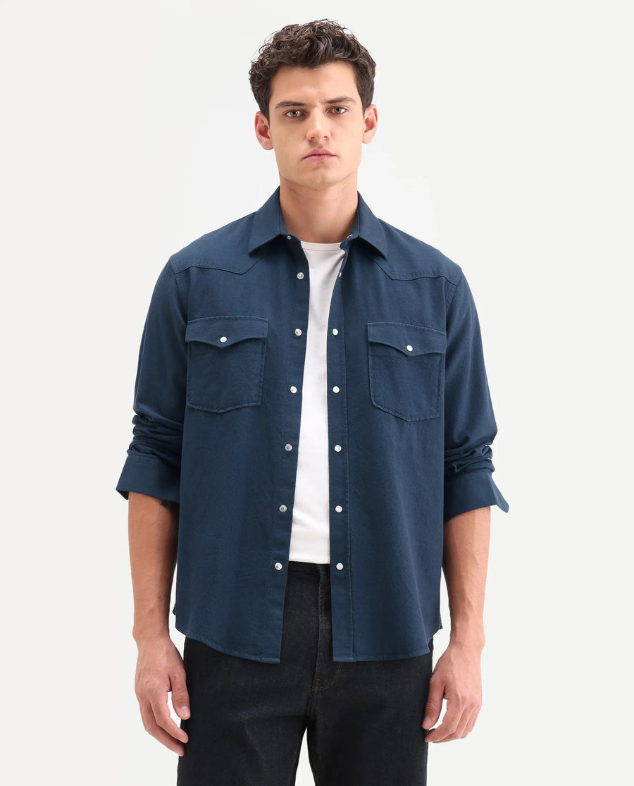 Rare Rabbit Men's Haxlr 26 Navy Cotton Blend Fabric Full Sleeve Spread Collar Snap Button Regular Fit Plain Shirt