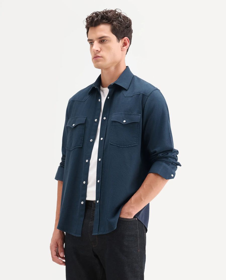 Rare Rabbit Men's Haxlr 26 Navy Cotton Blend Fabric Full Sleeve Spread Collar Snap Button Regular Fit Plain Shirt