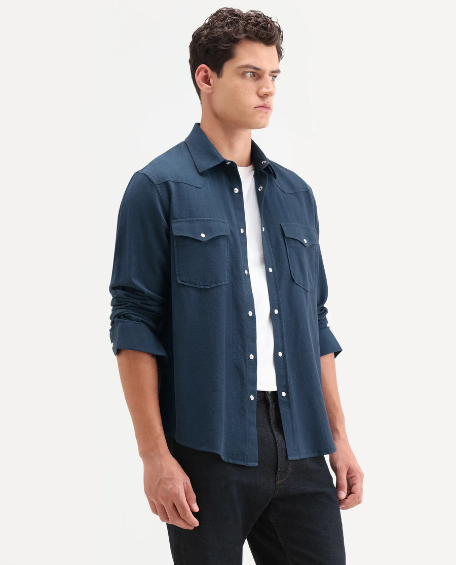 Rare Rabbit Men's Haxlr 26 Navy Cotton Blend Fabric Full Sleeve Spread Collar Snap Button Regular Fit Plain Shirt