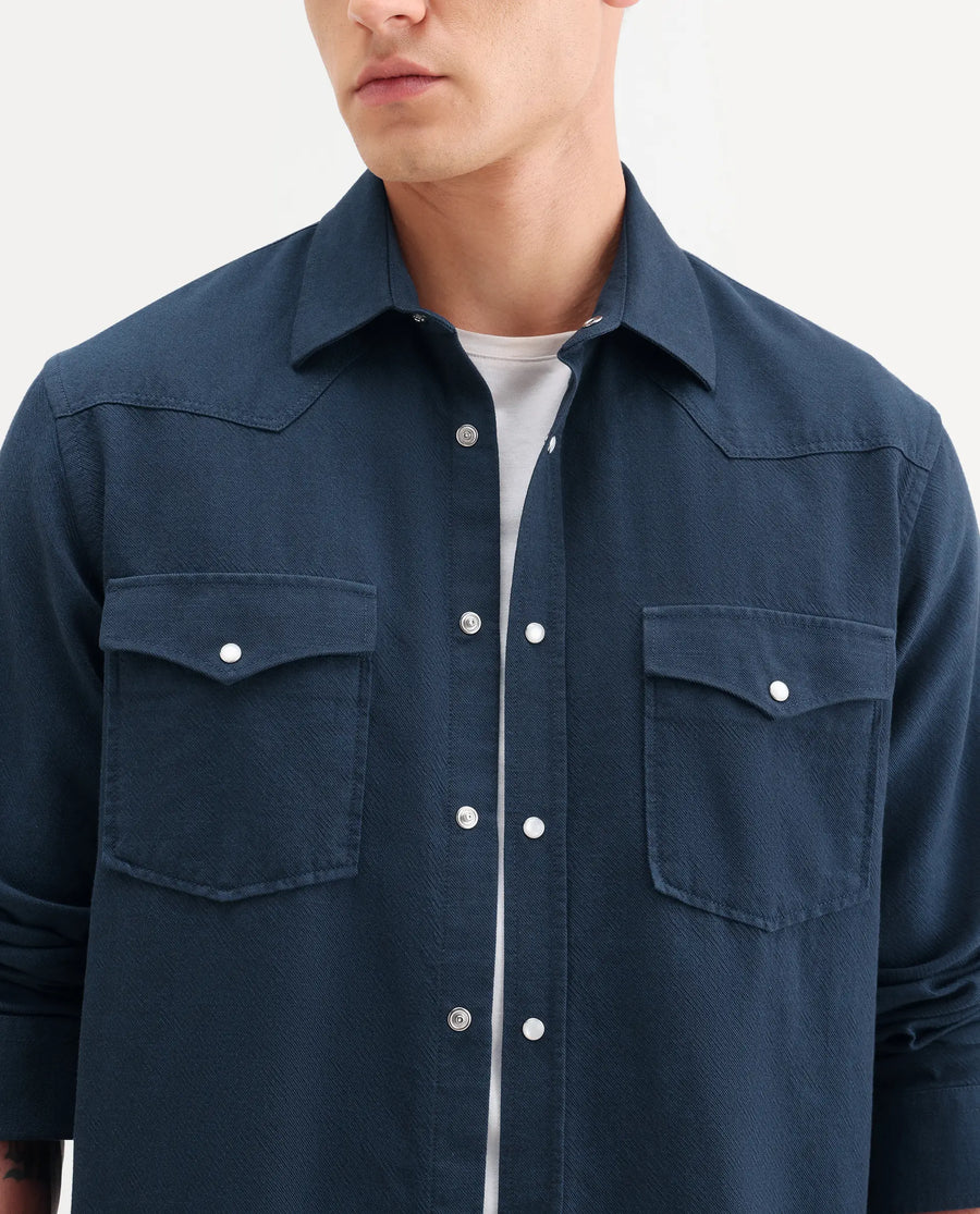 Rare Rabbit Men's Haxlr 26 Navy Cotton Blend Fabric Full Sleeve Spread Collar Snap Button Regular Fit Plain Shirt