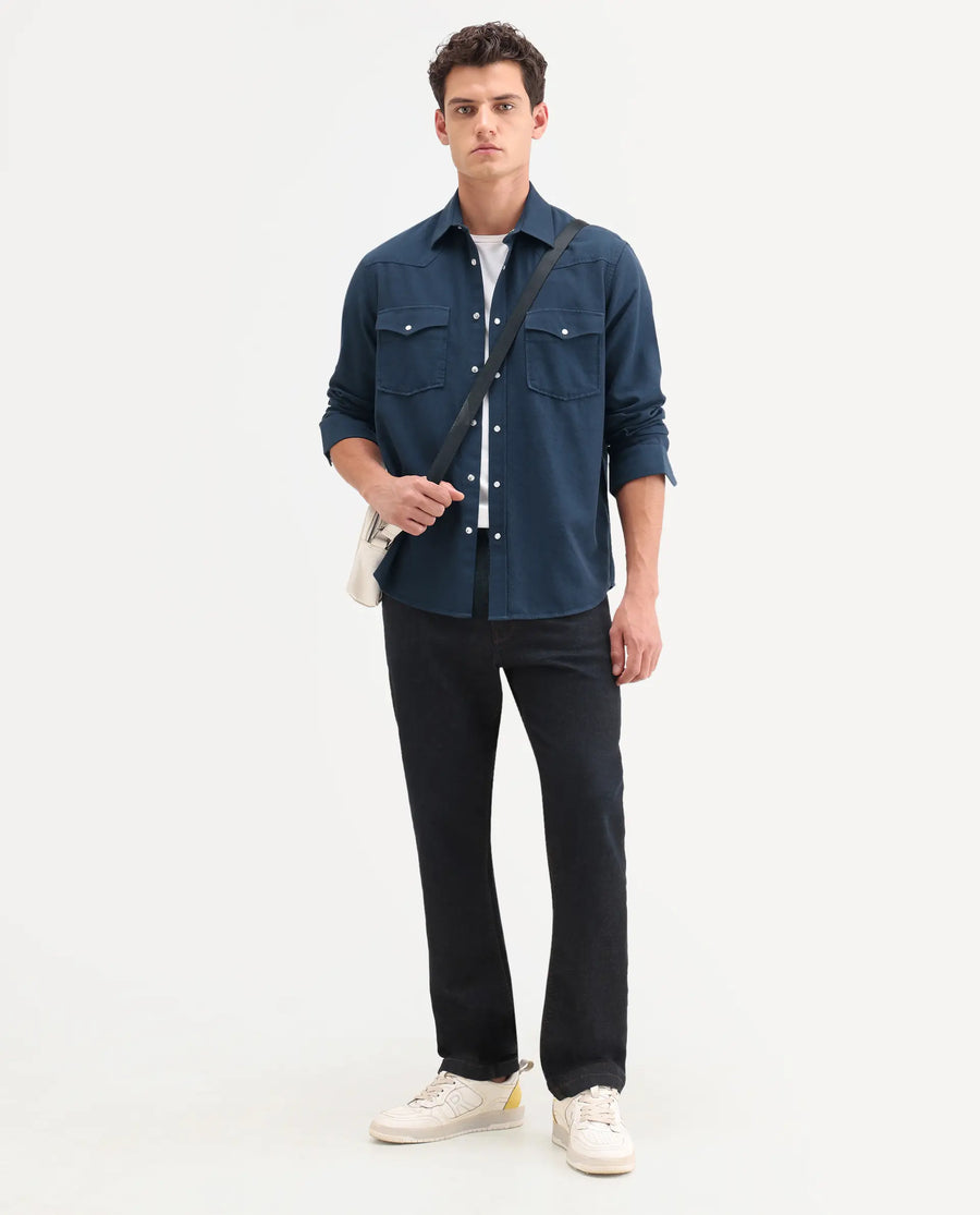 Rare Rabbit Men's Haxlr 26 Navy Cotton Blend Fabric Full Sleeve Spread Collar Snap Button Regular Fit Plain Shirt