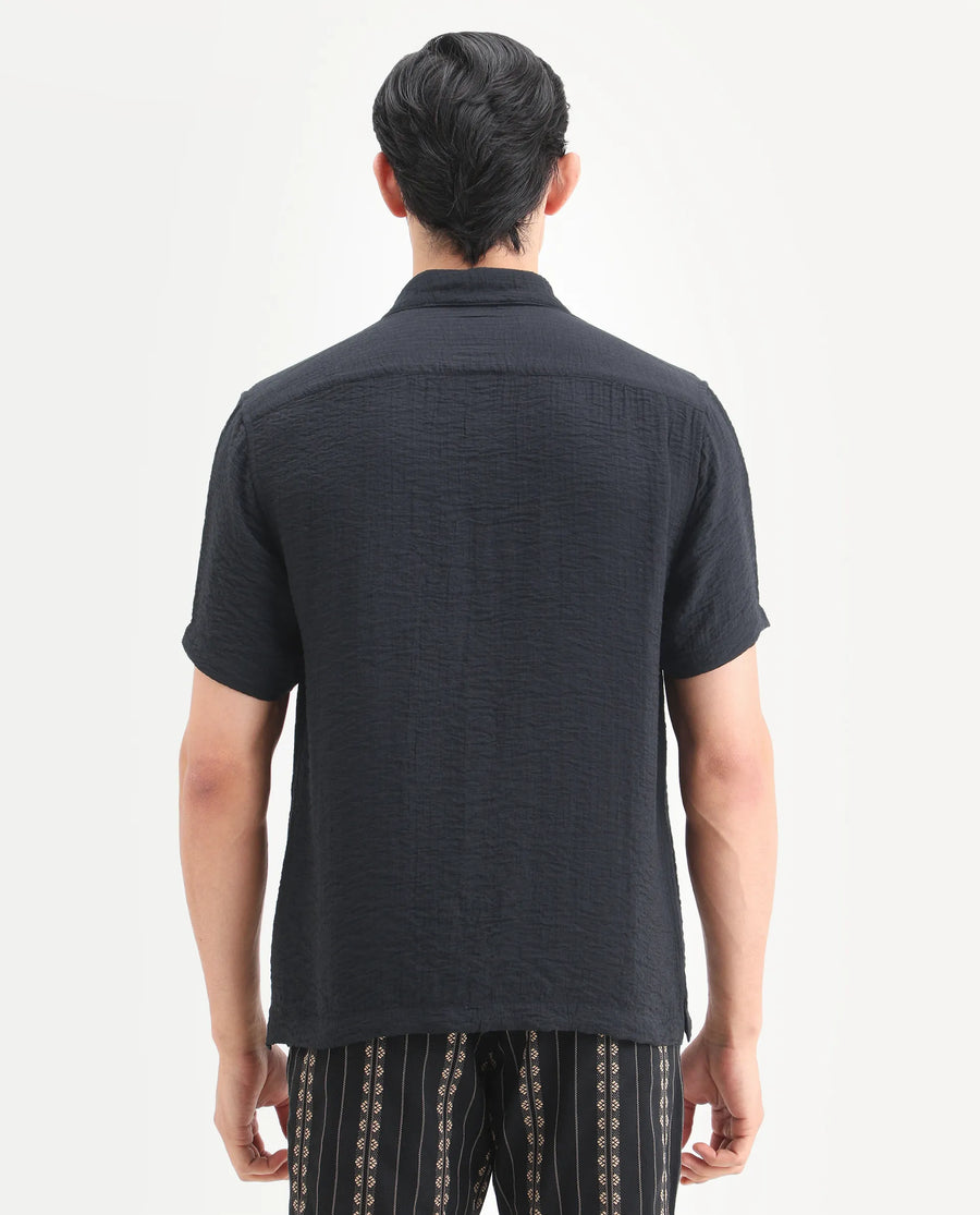 Rare Rabbit Men's Veon-Ss Black Viscose Blend Fabric Half Sleeve Spread Collar Regular Fit Plain Shirt