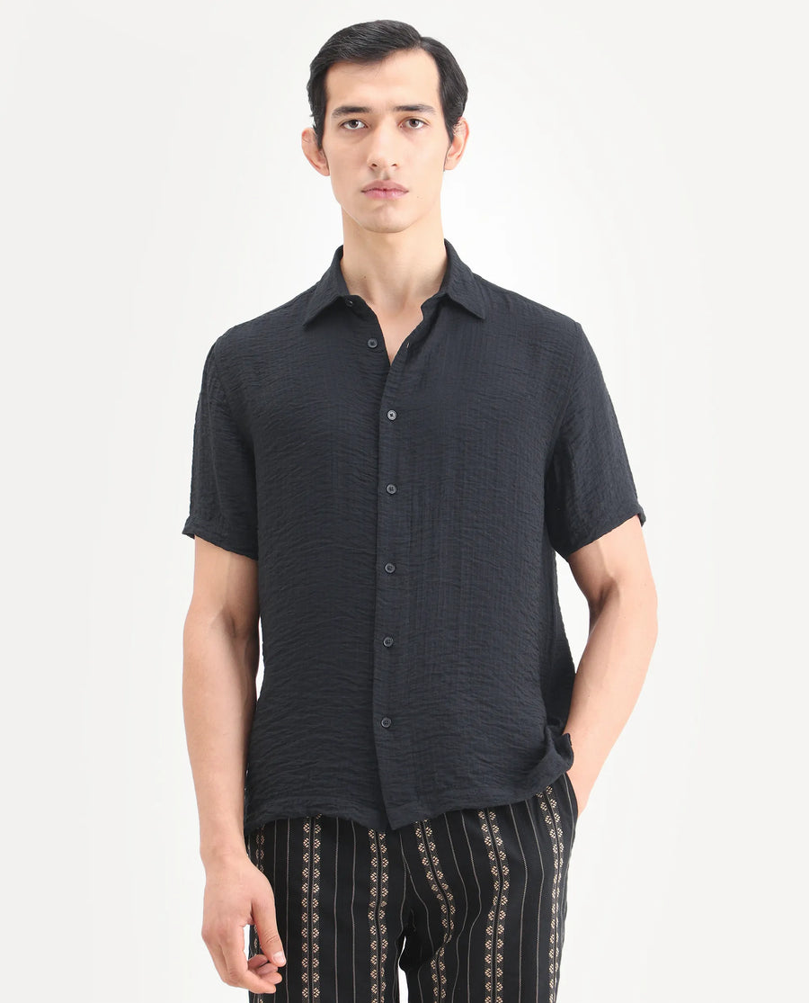 Rare Rabbit Men's Veon-Ss Black Viscose Blend Fabric Half Sleeve Spread Collar Regular Fit Plain Shirt