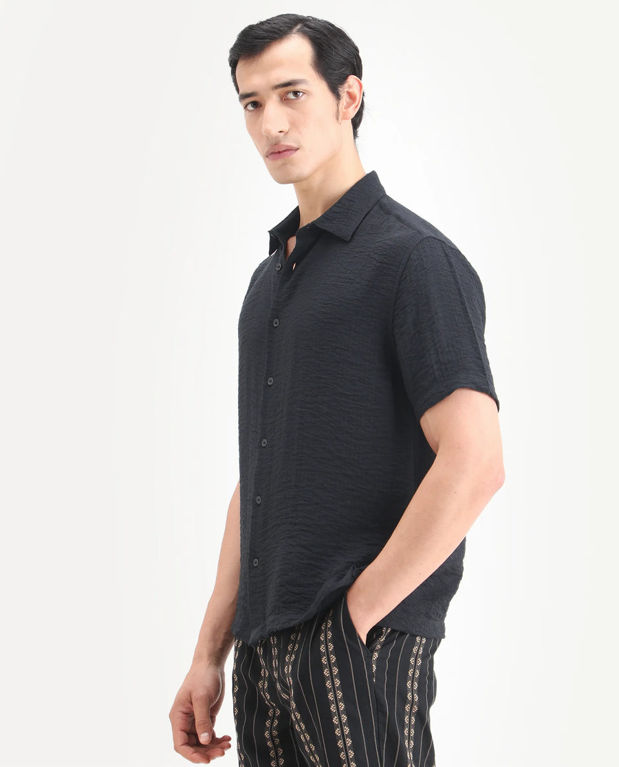 Rare Rabbit Men's Veon-Ss Black Viscose Blend Fabric Half Sleeve Spread Collar Regular Fit Plain Shirt