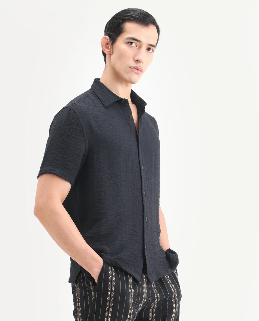 Rare Rabbit Men's Veon-Ss Black Viscose Blend Fabric Half Sleeve Spread Collar Regular Fit Plain Shirt