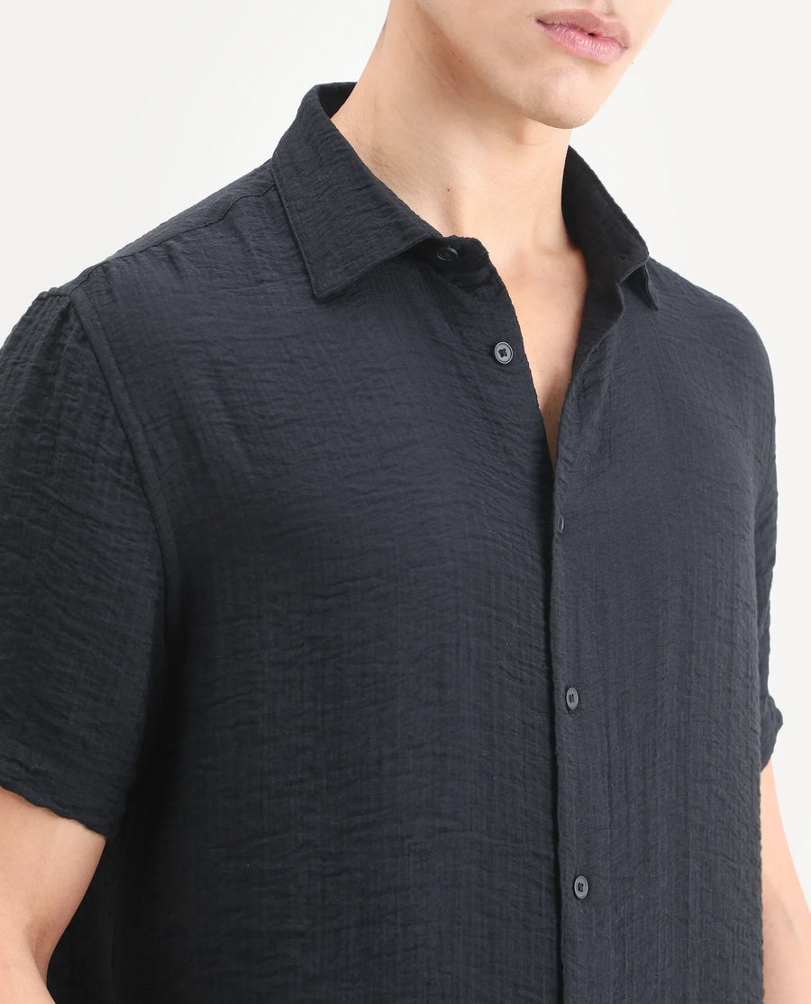 Rare Rabbit Men's Veon-Ss Black Viscose Blend Fabric Half Sleeve Spread Collar Regular Fit Plain Shirt