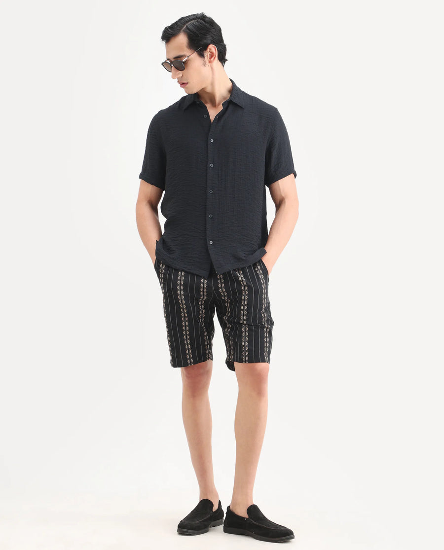 Rare Rabbit Men's Veon-Ss Black Viscose Blend Fabric Half Sleeve Spread Collar Regular Fit Plain Shirt