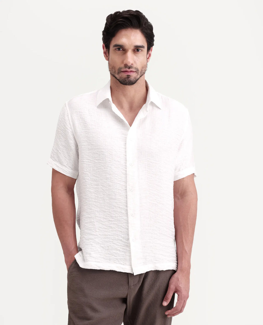 Rare Rabbit Men's Veon-Ss Off White Viscose Blend Fabric Half Sleeve Spread Collar Regular Fit Plain Shirt