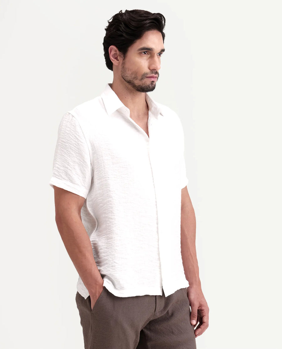 Rare Rabbit Men's Veon-Ss Off White Viscose Blend Fabric Half Sleeve Spread Collar Regular Fit Plain Shirt