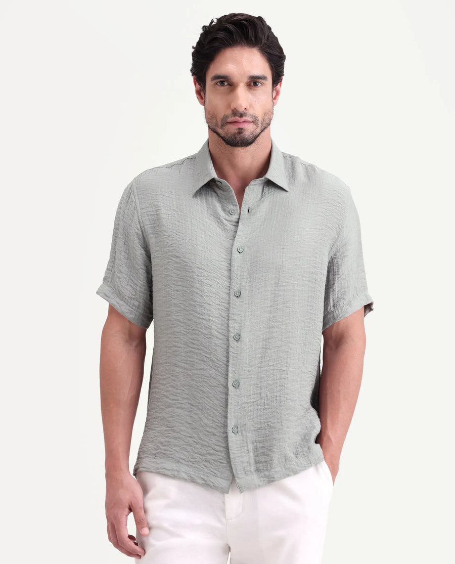 Rare Rabbit Men's Veon-Ss Dusky Grey Viscose Blend Fabric Half Sleeve Spread Collar Regular Fit Plain Shirt