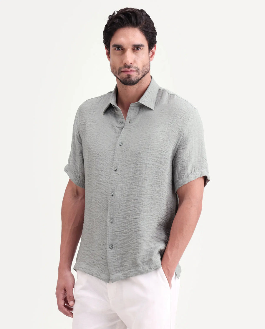 Rare Rabbit Men's Veon-Ss Dusky Grey Viscose Blend Fabric Half Sleeve Spread Collar Regular Fit Plain Shirt