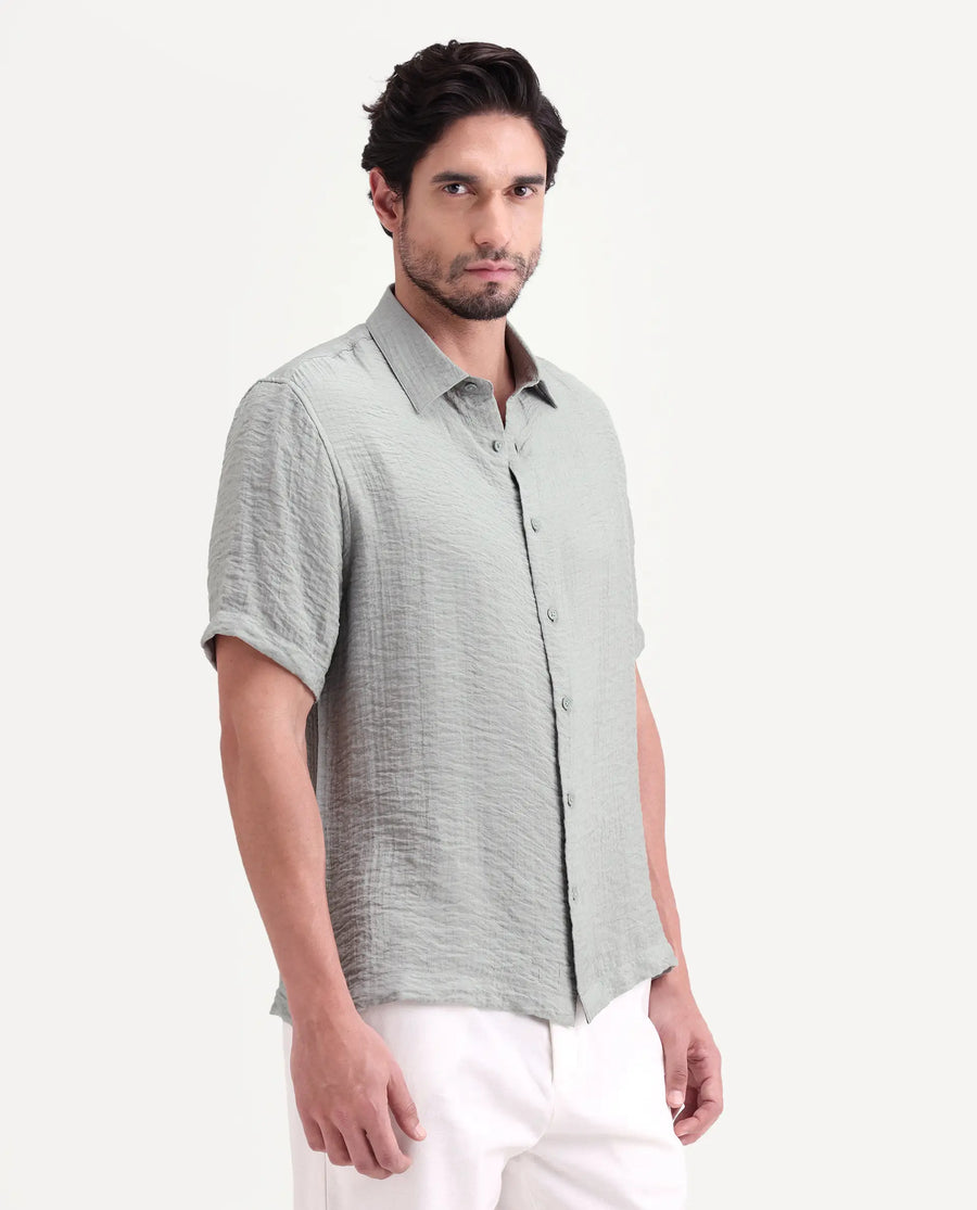 Rare Rabbit Men's Veon-Ss Dusky Grey Viscose Blend Fabric Half Sleeve Spread Collar Regular Fit Plain Shirt