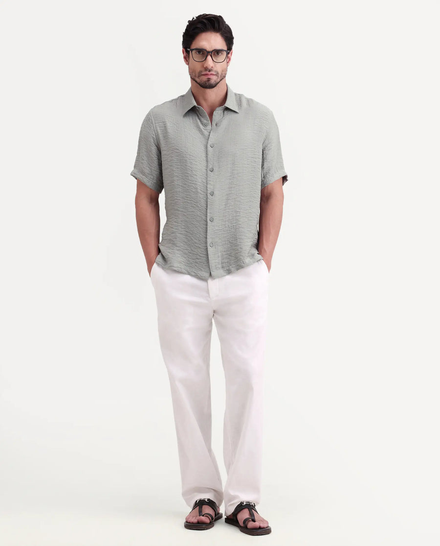 Rare Rabbit Men's Veon-Ss Dusky Grey Viscose Blend Fabric Half Sleeve Spread Collar Regular Fit Plain Shirt