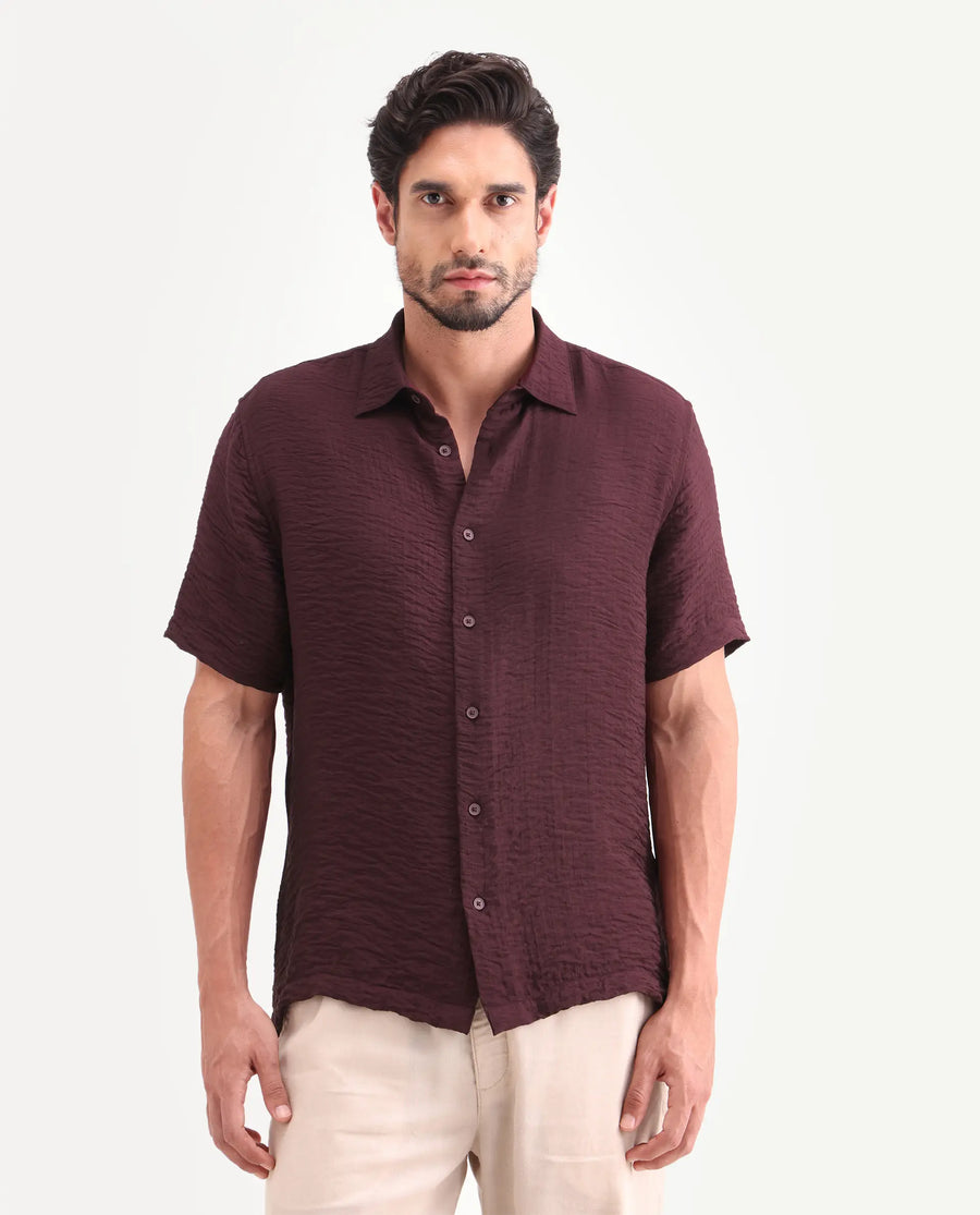 Rare Rabbit Men's Veon-Ss Dark Maroon Viscose Blend Fabric Half Sleeve Spread Collar Regular Fit Plain Shirt