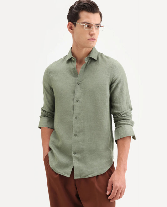 Rare Rabbit Men's Borium-26 Green 100% Linen Full Sleeve Spread Collar Regular Fit Plain Shirt