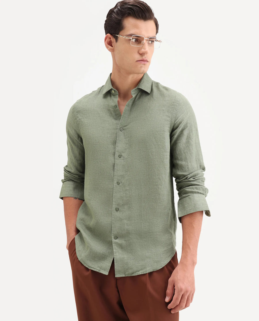Rare Rabbit Men's Borium-26 Green 100% Linen Full Sleeve Spread Collar Regular Fit Plain Shirt
