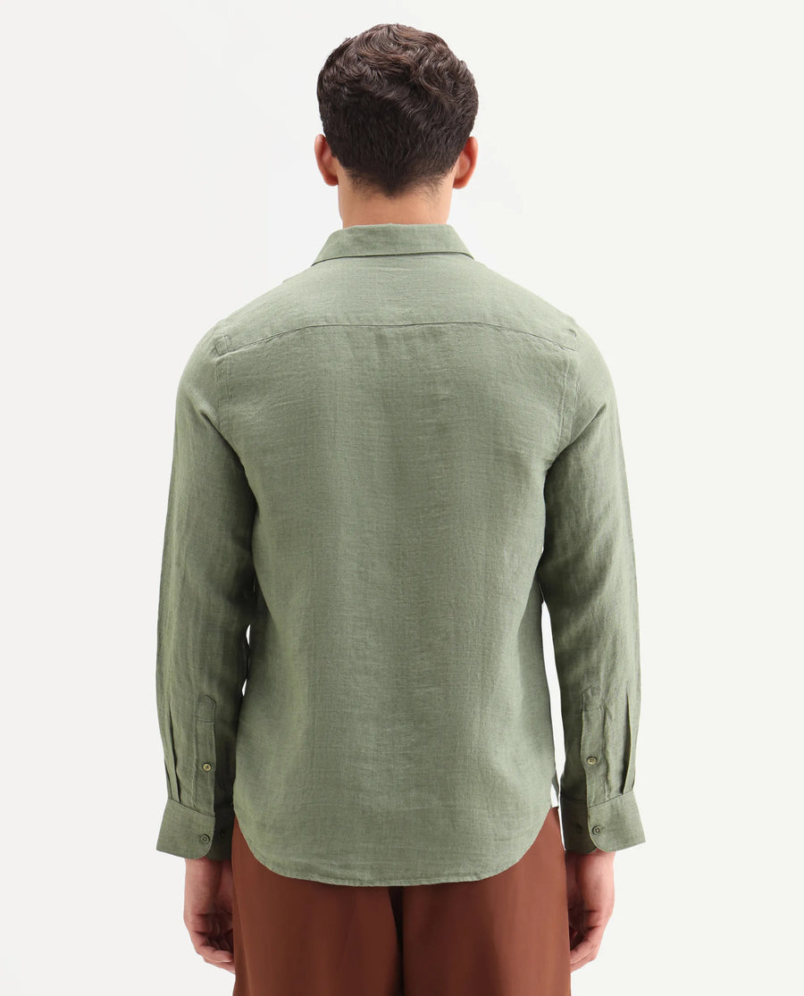 Rare Rabbit Men's Borium-26 Green 100% Linen Full Sleeve Spread Collar Regular Fit Plain Shirt