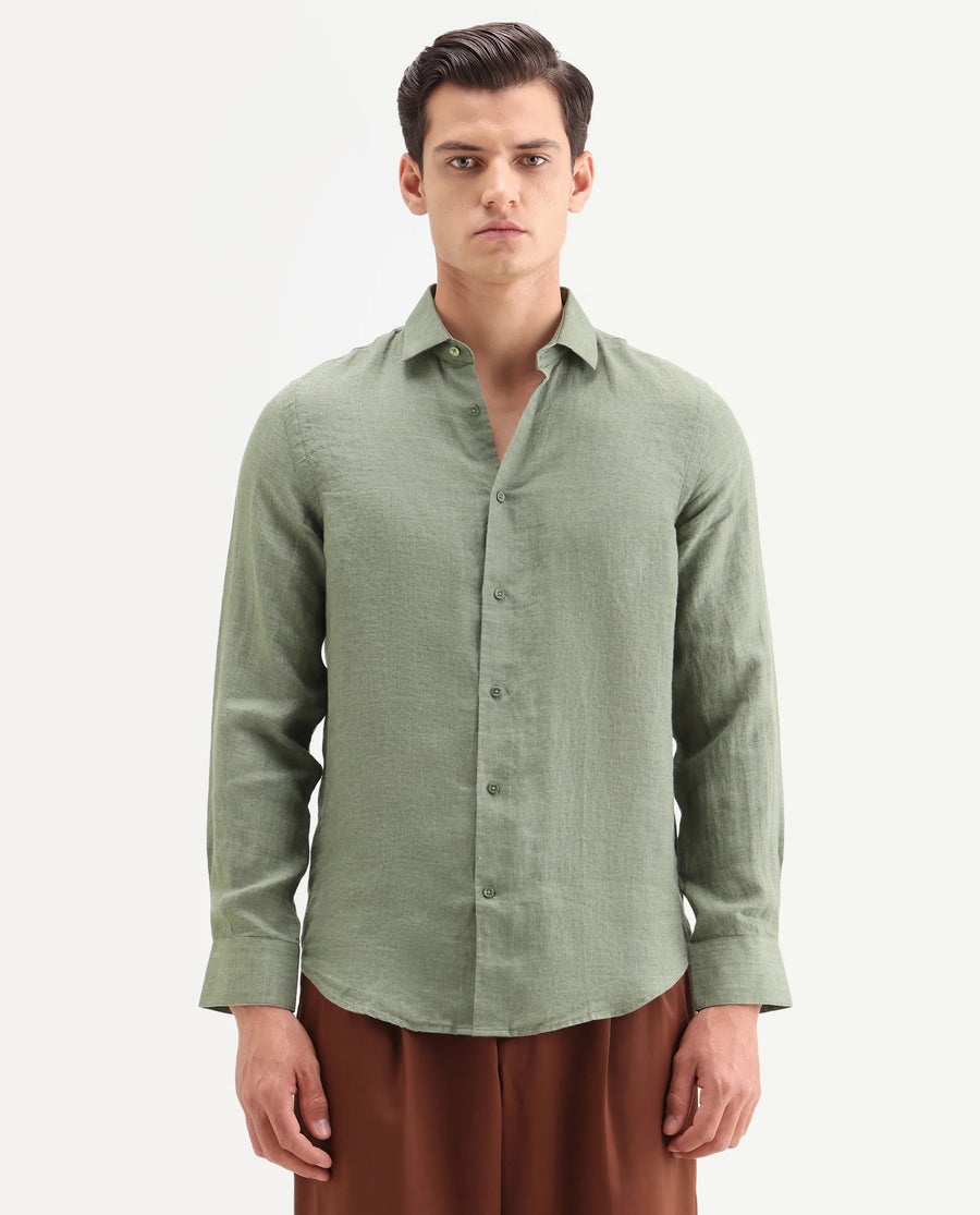 Rare Rabbit Men's Borium-26 Green 100% Linen Full Sleeve Spread Collar Regular Fit Plain Shirt