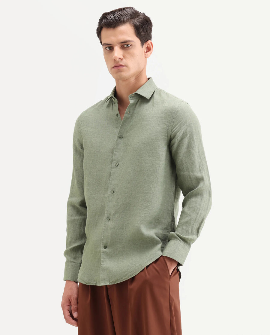 Rare Rabbit Men's Borium-26 Green 100% Linen Full Sleeve Spread Collar Regular Fit Plain Shirt