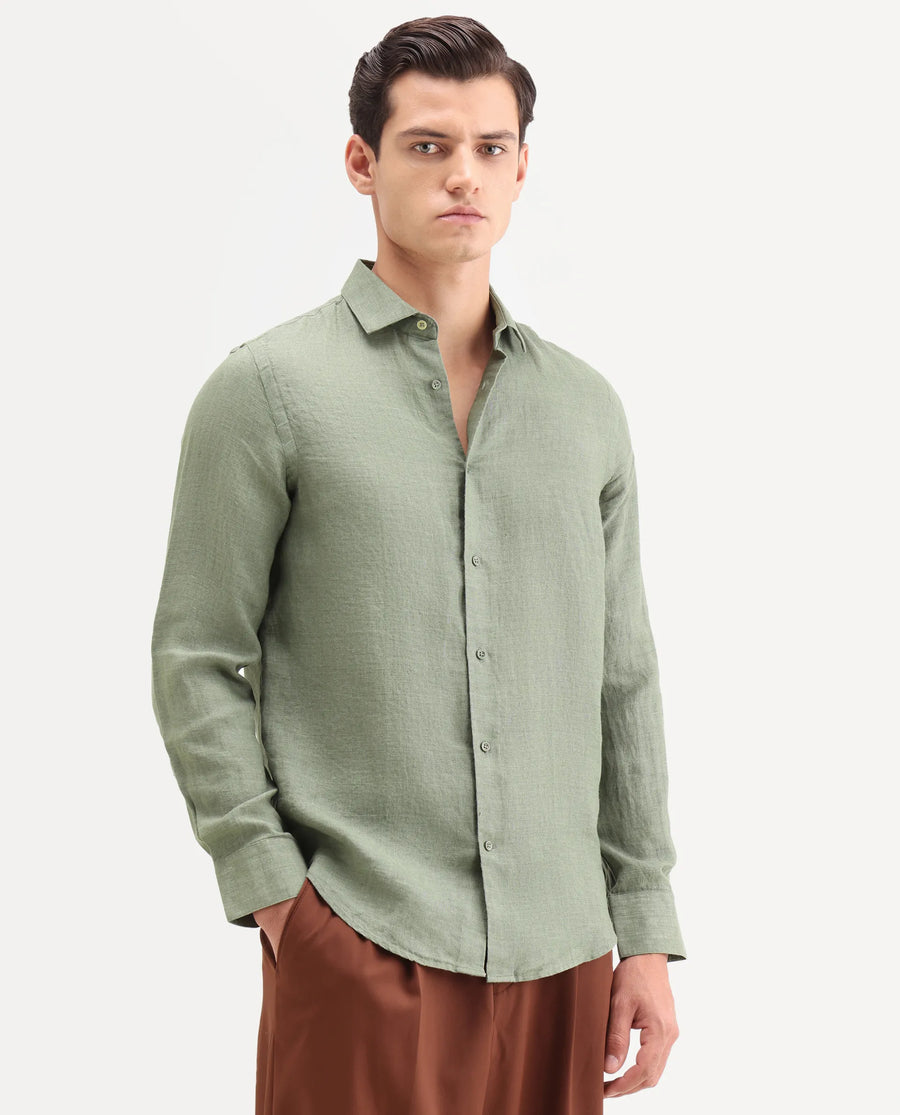 Rare Rabbit Men's Borium-26 Green 100% Linen Full Sleeve Spread Collar Regular Fit Plain Shirt