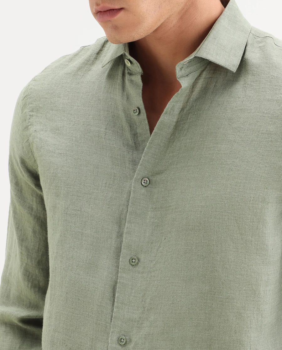 Rare Rabbit Men's Borium-26 Green 100% Linen Full Sleeve Spread Collar Regular Fit Plain Shirt