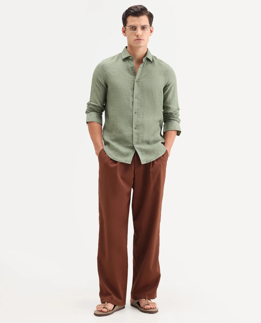 Rare Rabbit Men's Borium-26 Green 100% Linen Full Sleeve Spread Collar Regular Fit Plain Shirt