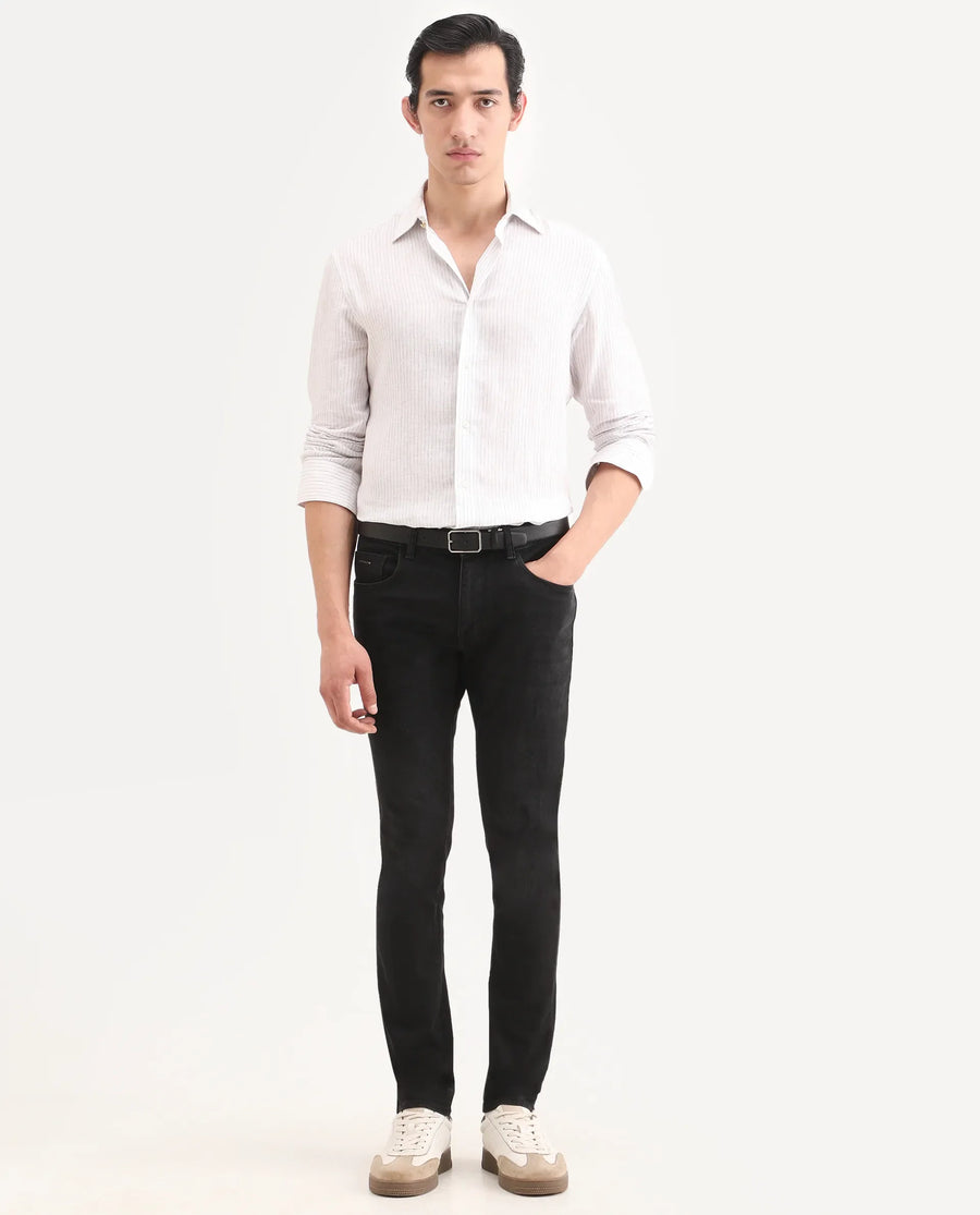 Rare Rabbit Men's Rivv Black Cotton Blend Fabric Hawk Slim Fit Plain Jeans