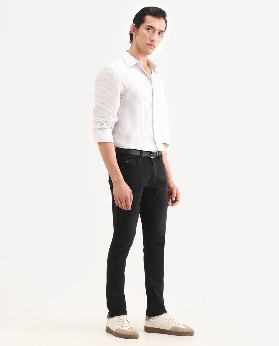 Rare Rabbit Men's Rivv Black Cotton Blend Fabric Hawk Slim Fit Plain Jeans