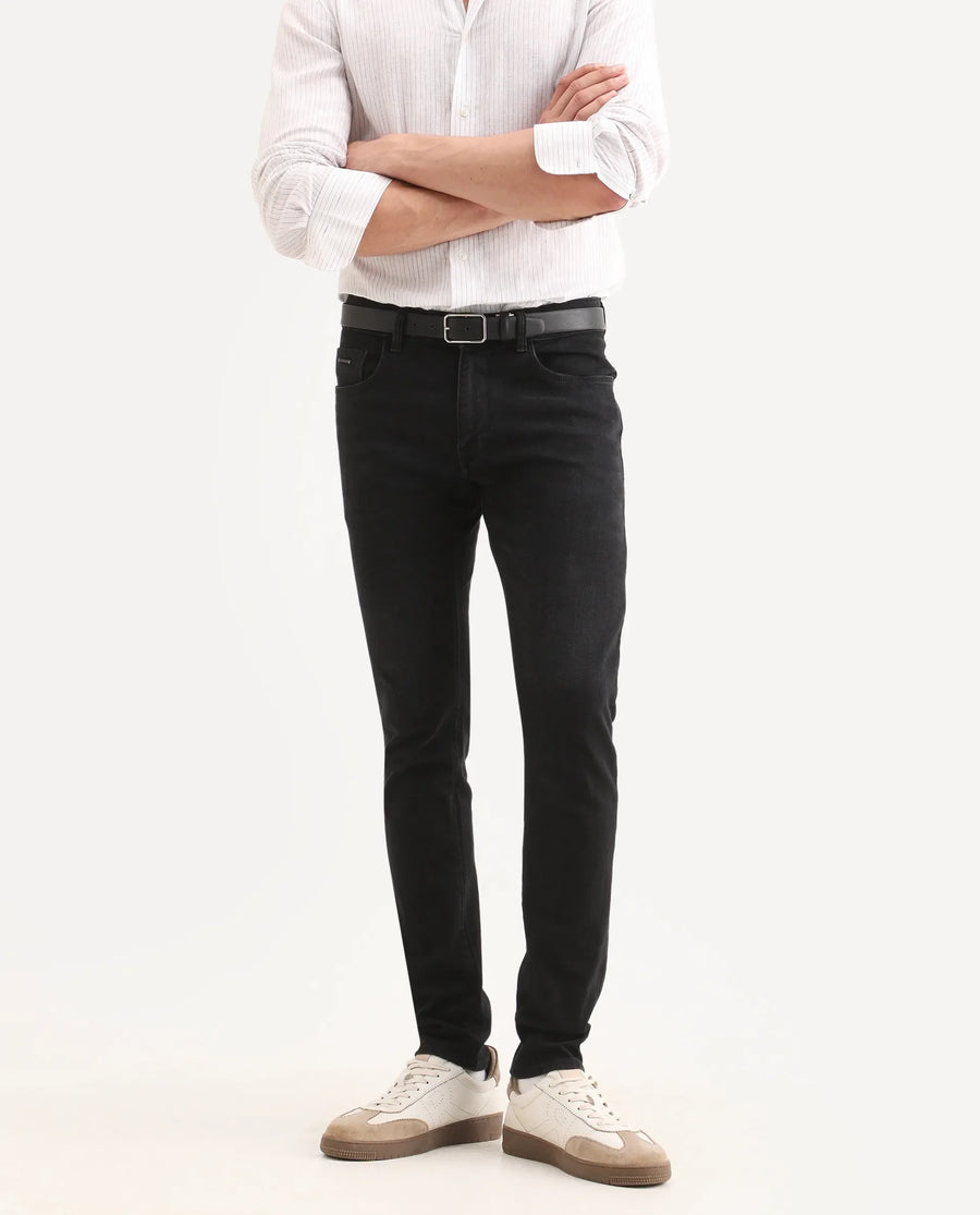Rare Rabbit Men's Rivv Black Cotton Blend Fabric Hawk Slim Fit Plain Jeans