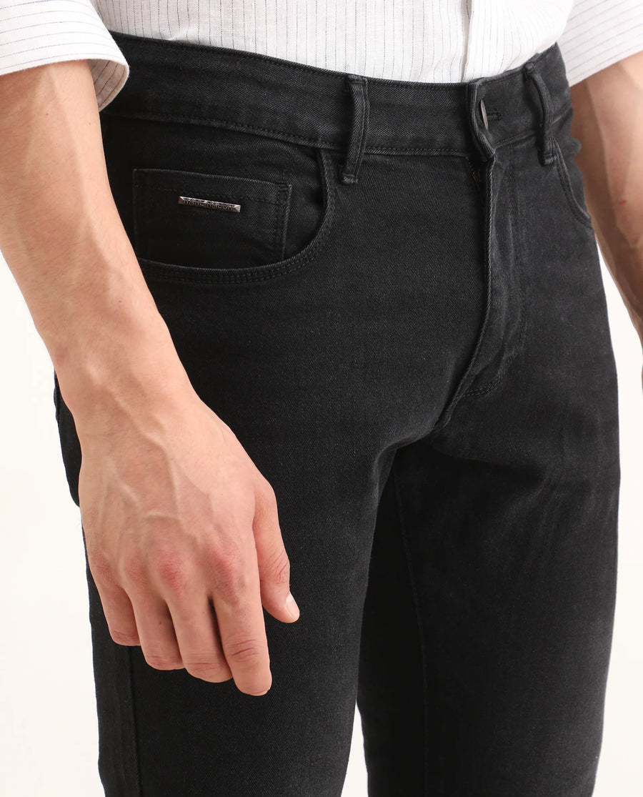 Rare Rabbit Men's Rivv Black Cotton Blend Fabric Hawk Slim Fit Plain Jeans