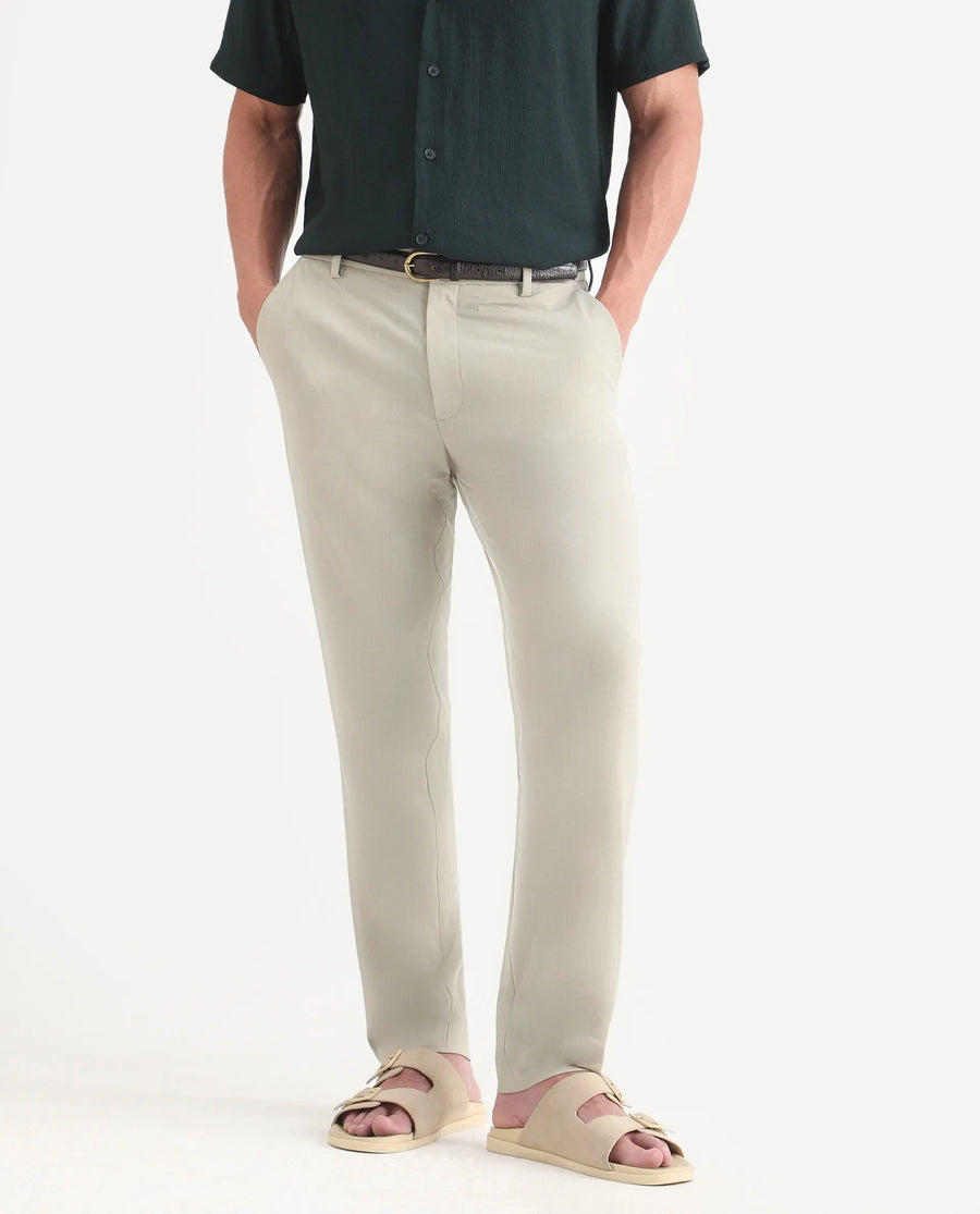 Rare Rabbit Men's Arcade-Lite Pastel Beige Polyester Blend Fabric Regular Fit Plain Trouser