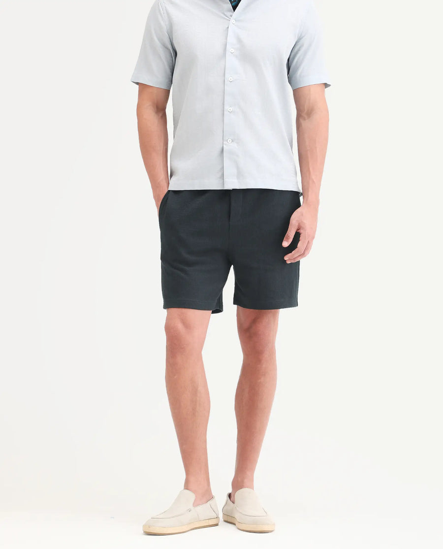 Rare Rabbit Men's Kelos-Sh26 Dark Teal Cotton Blend Fabric Regular Fit Plain Shorts